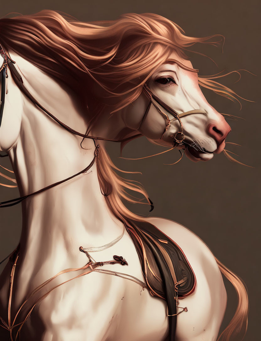 Stylized digital artwork of chestnut horse with flowing mane and detailed bridle