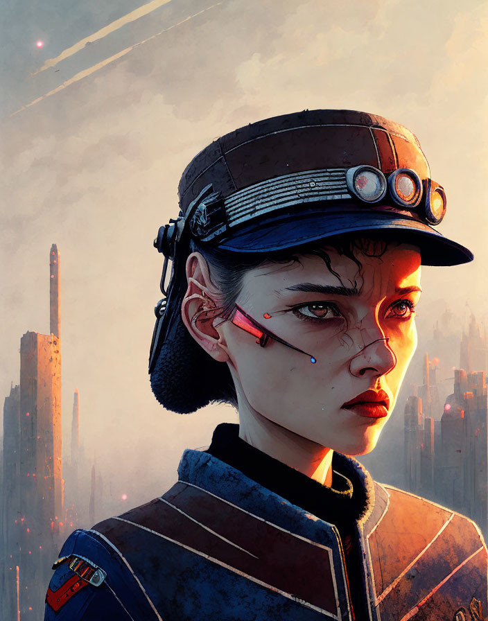 Futuristic digital artwork of young woman in military uniform with high-tech details