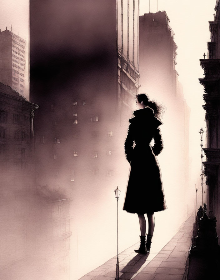 Silhouette of woman in trench coat on urban street corner with lamppost and misty buildings