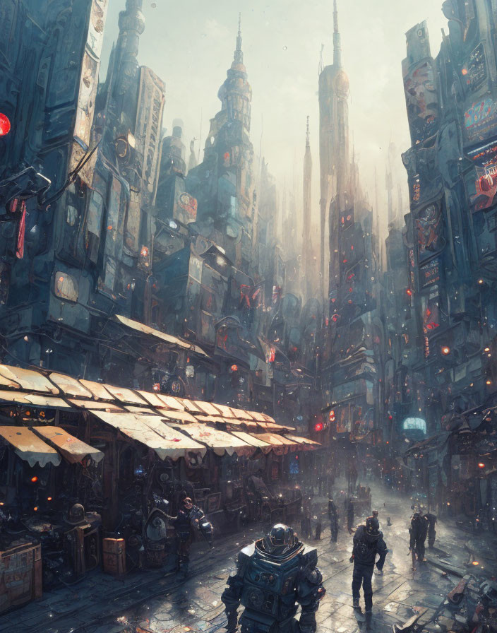 Futuristic Rain-Soaked Cityscape with Neon Signs & Busy Streets