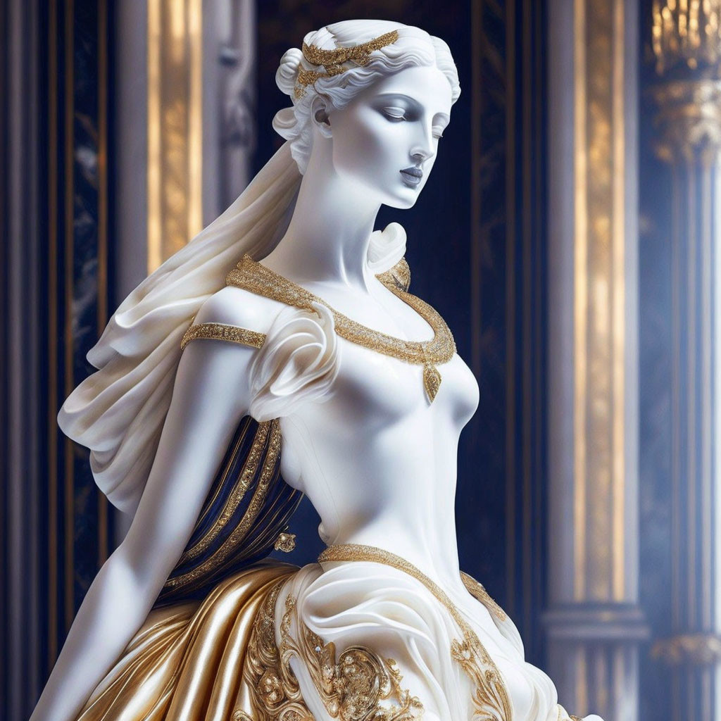 Detailed Drapery and Gold Accents on Woman Statue Against Columned Background