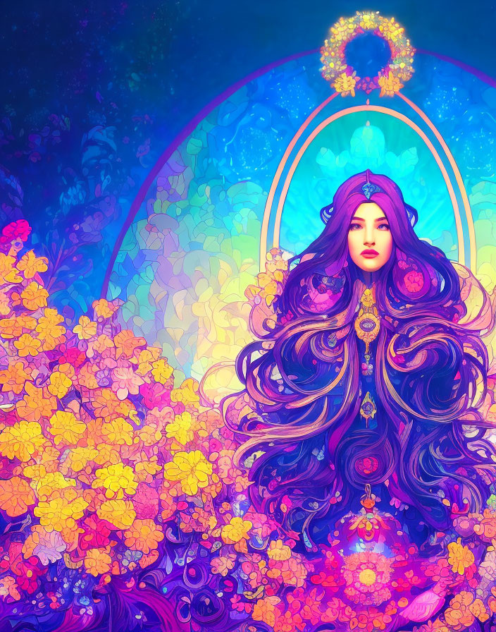 Colorful Flower Surrounding Woman with Long Hair under Decorative Arch