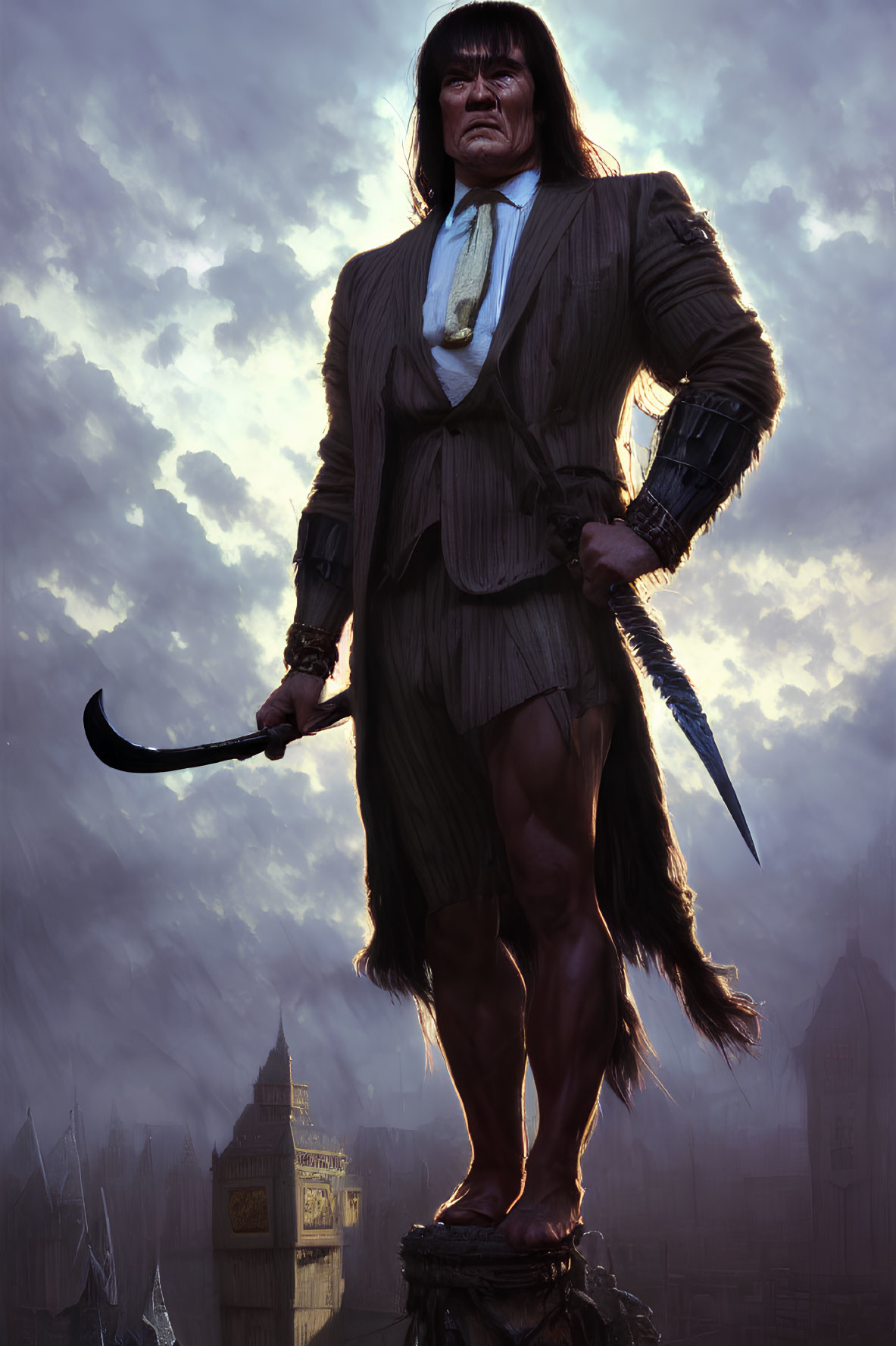 Fantasy illustration of towering Victorian figure with curved blade by Big Ben