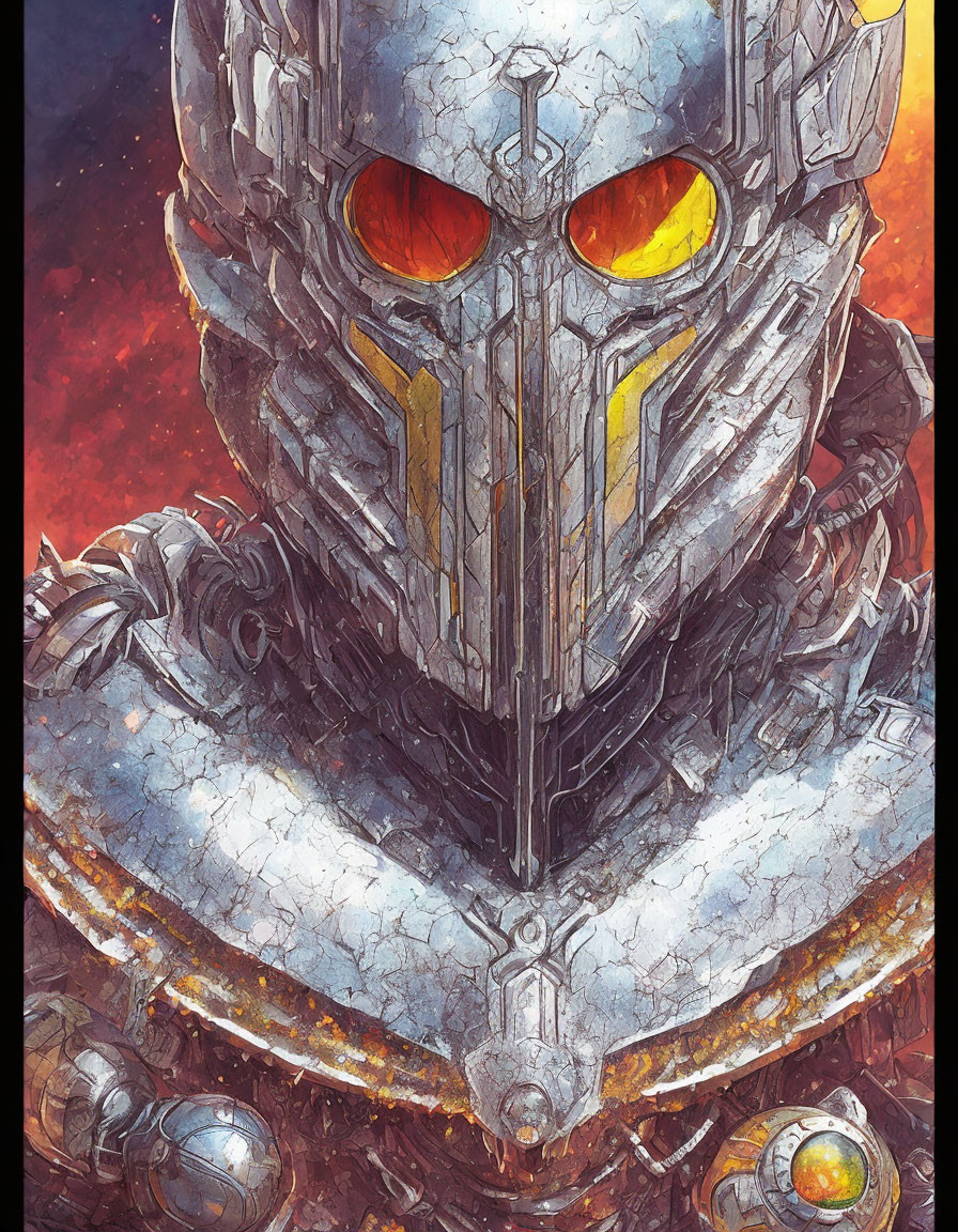 Detailed futuristic armor with glowing orange eyes and T-shaped visor.