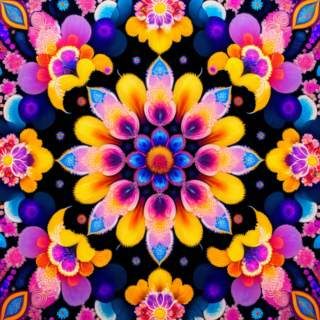 Colorful Symmetrical Kaleidoscopic Flower Pattern in Pink, Blue, Yellow, and Orange