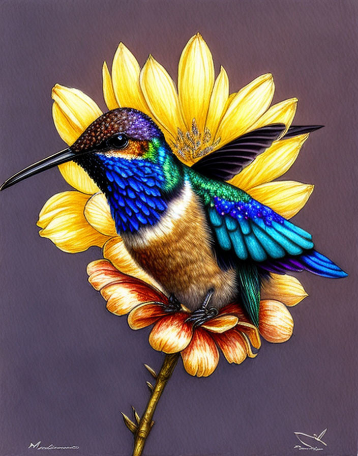 Colorful Hummingbird on Sunflower Against Purple Background