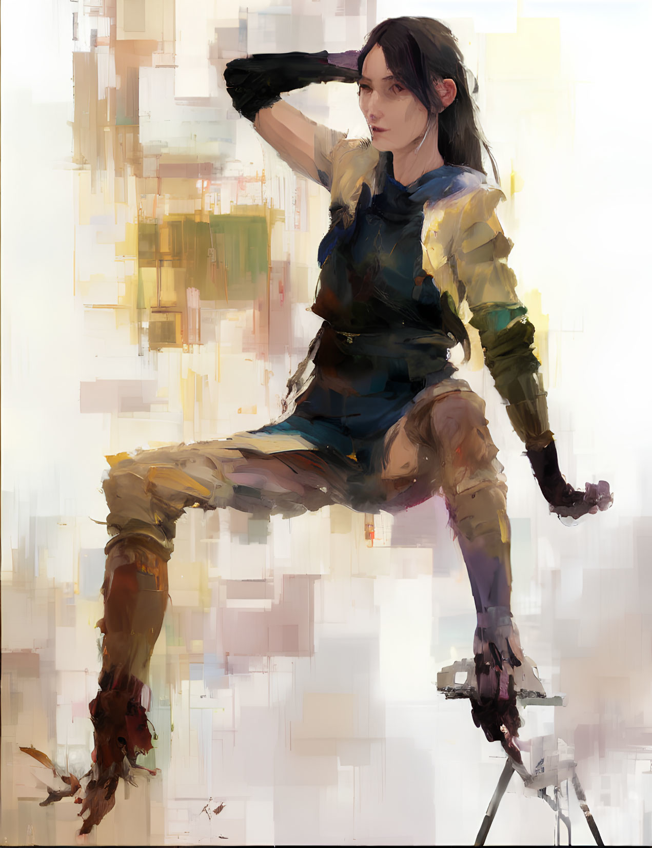 Futuristic armor-clad woman in digital painting against abstract background