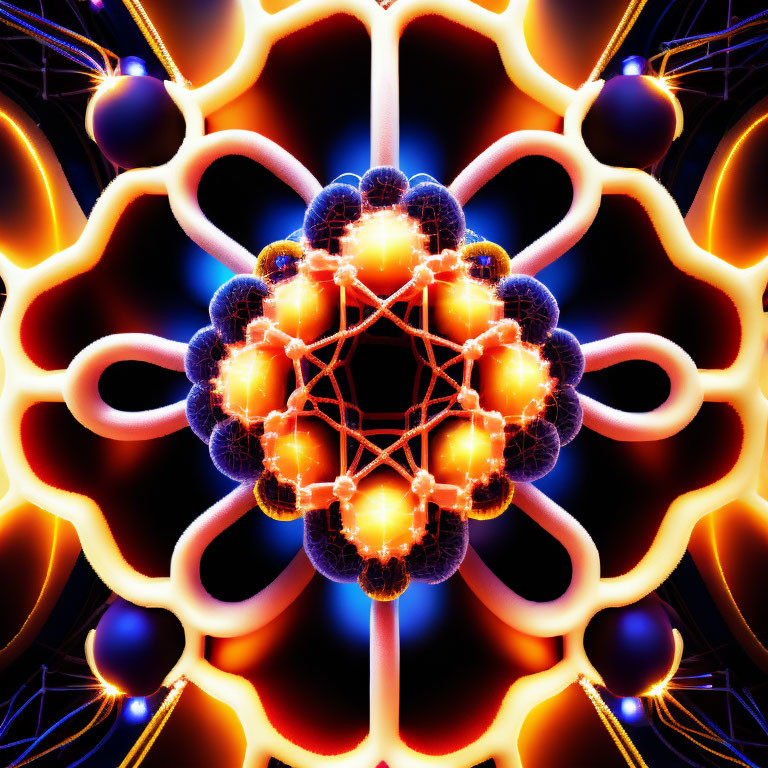 Colorful digital graphic: Glowing mandala surrounded by abstract shapes