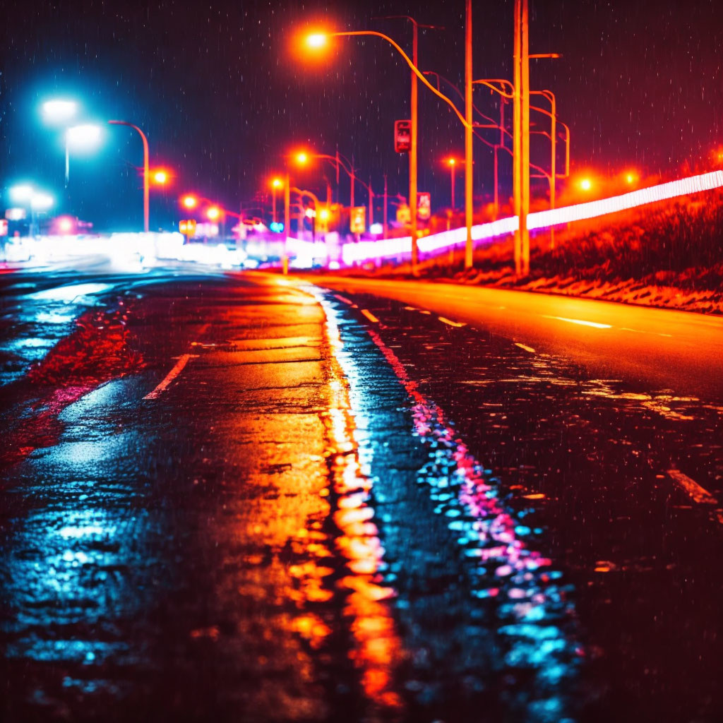 Colorful Night Scene with Wet Roads and Car Lights