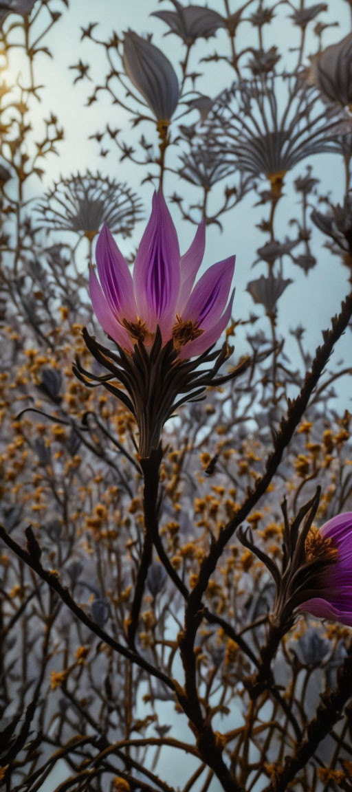 Purple flower blooming with silhouetted branches and buds under hazy sky