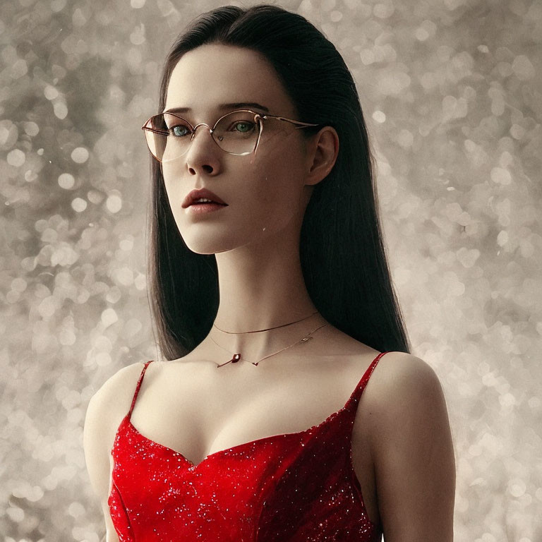 Woman with Long Black Hair in Red Sequined Dress on Glittery Background