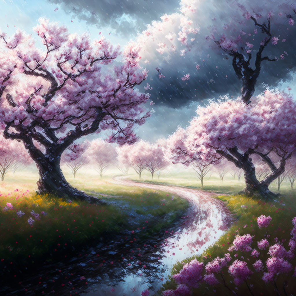 Spring landscape with blooming cherry blossoms and cloudy sky