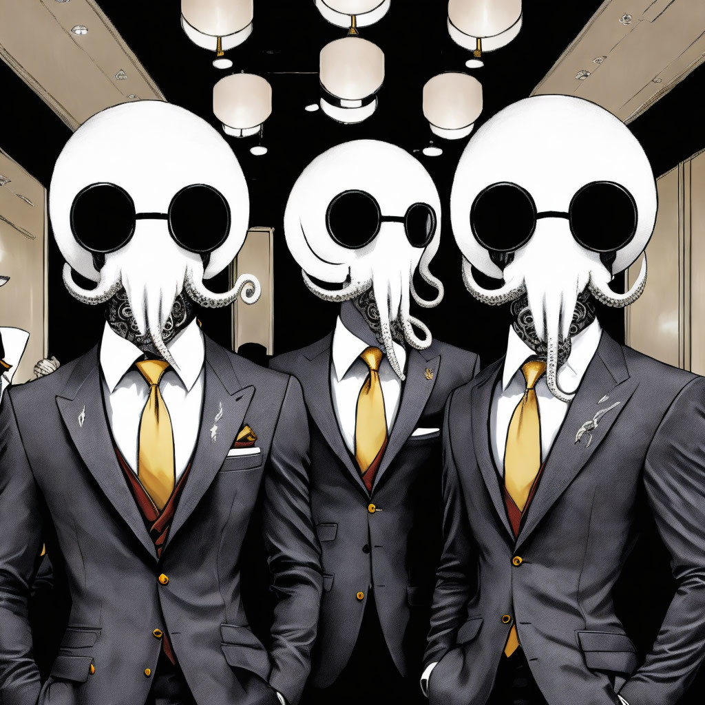 Octopus-headed figures in suits in stylized room with pendant lights