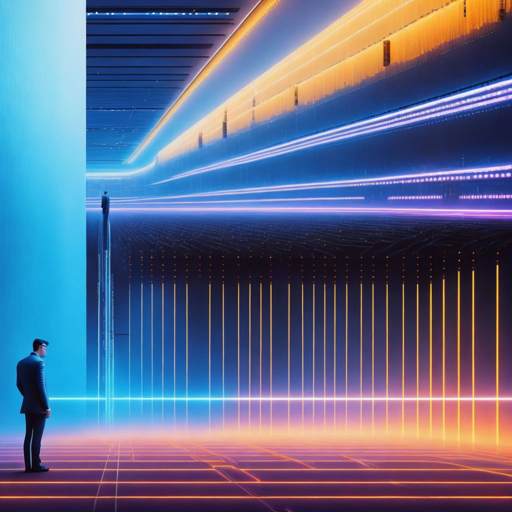 Man in suit gazes at futuristic space with vibrant lights and vertical beams