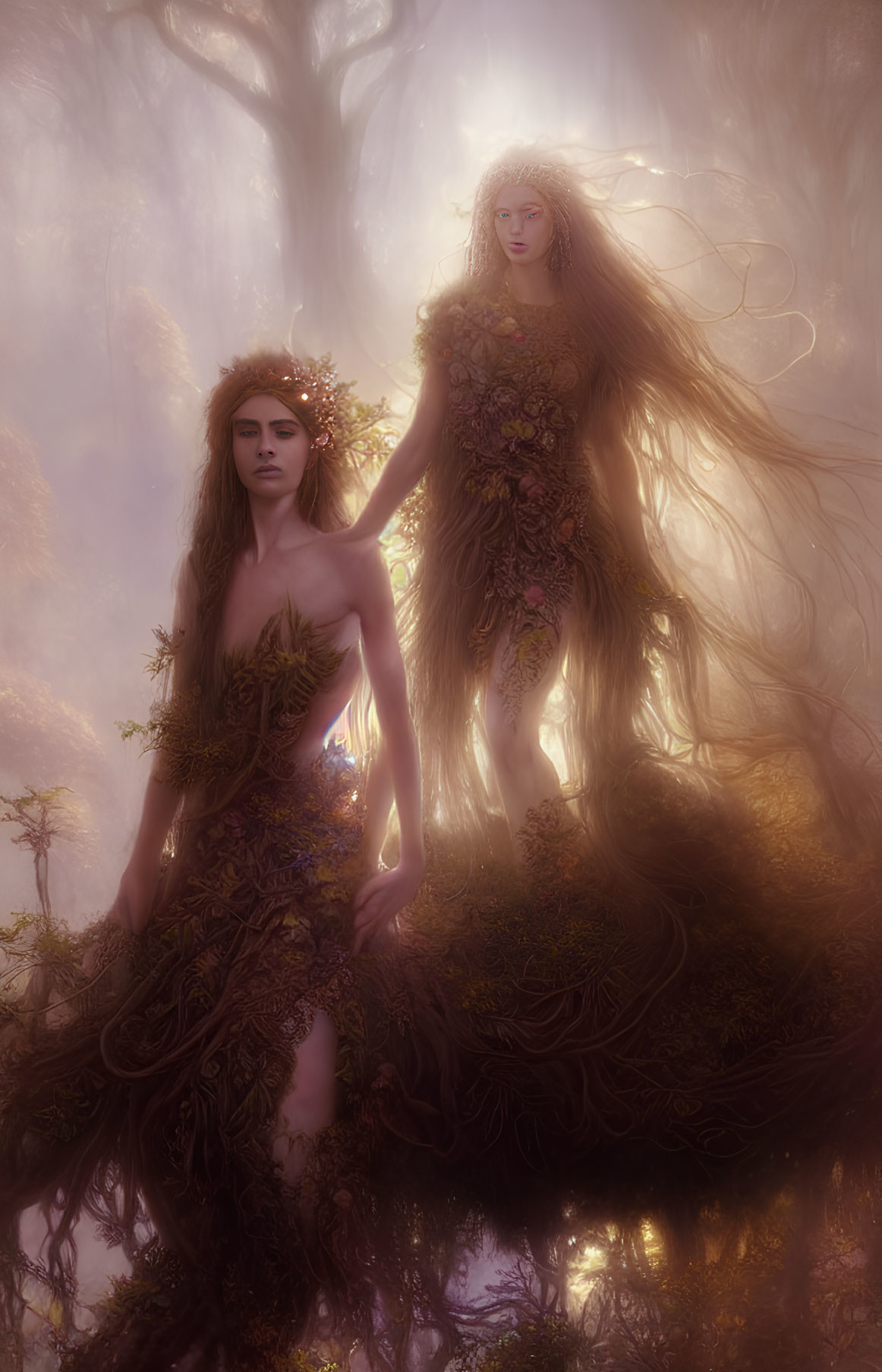 Ethereal women in leaf and branch dresses in enchanted forest