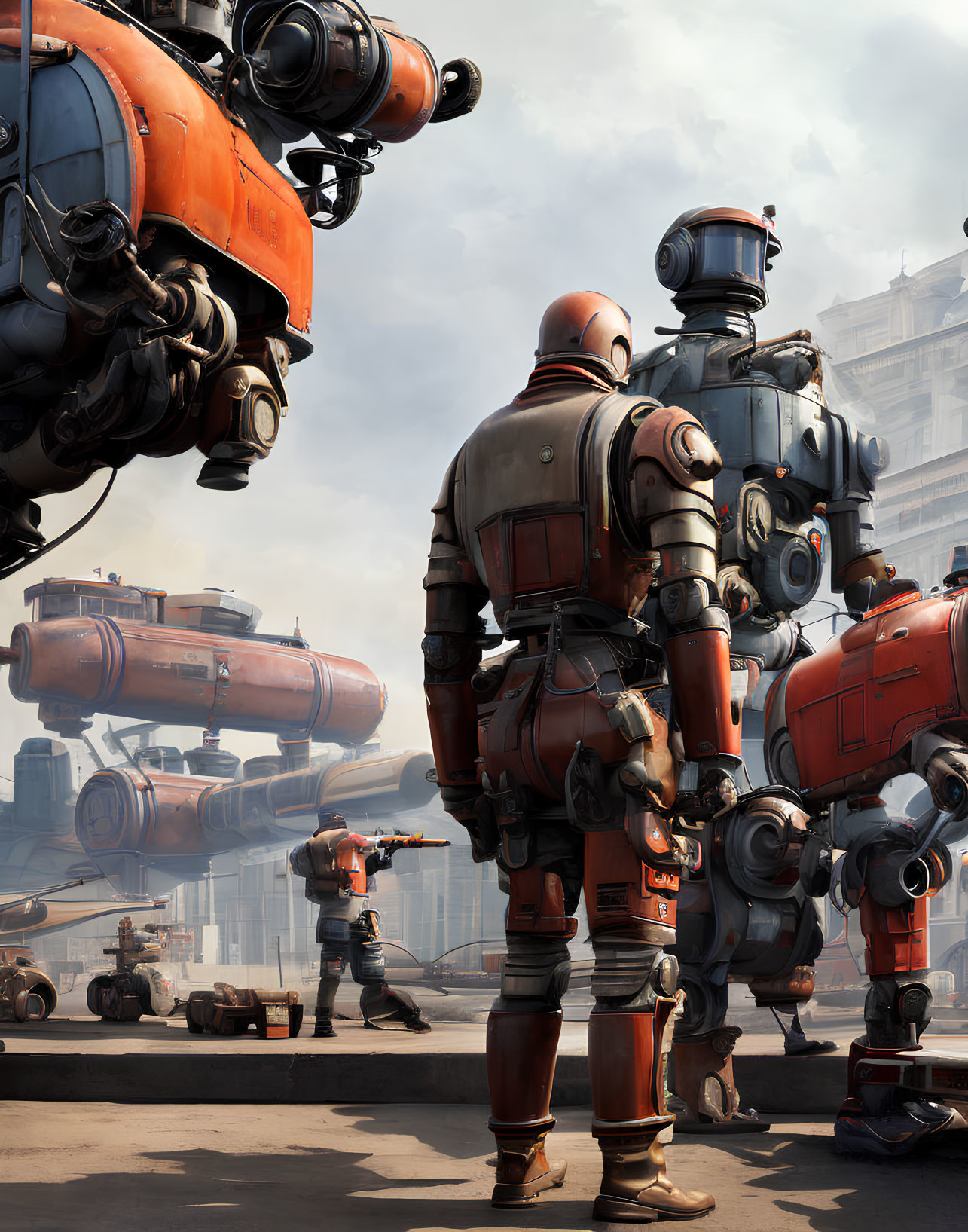 Futuristic orange pilot suits with robots in industrial setting