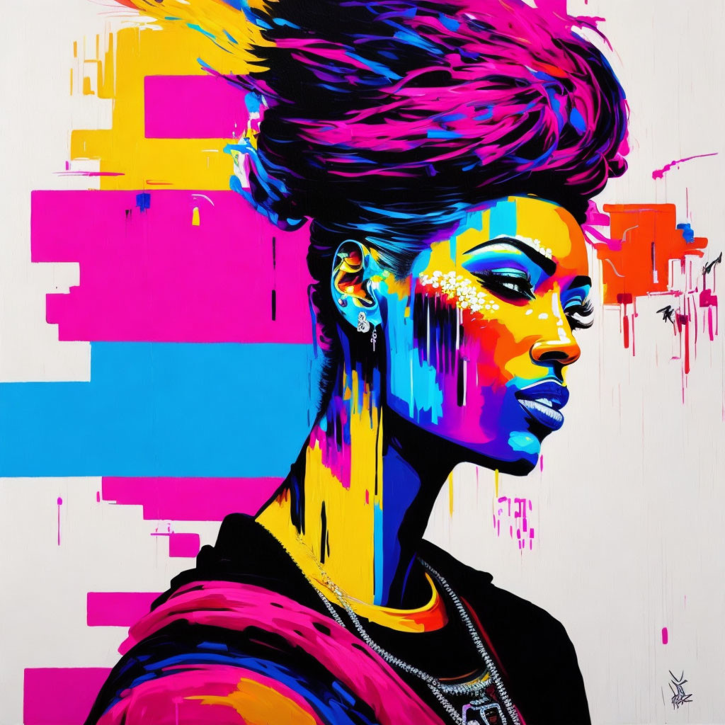 Colorful portrait with stylized hairdo and bold shapes on paint-dripped background