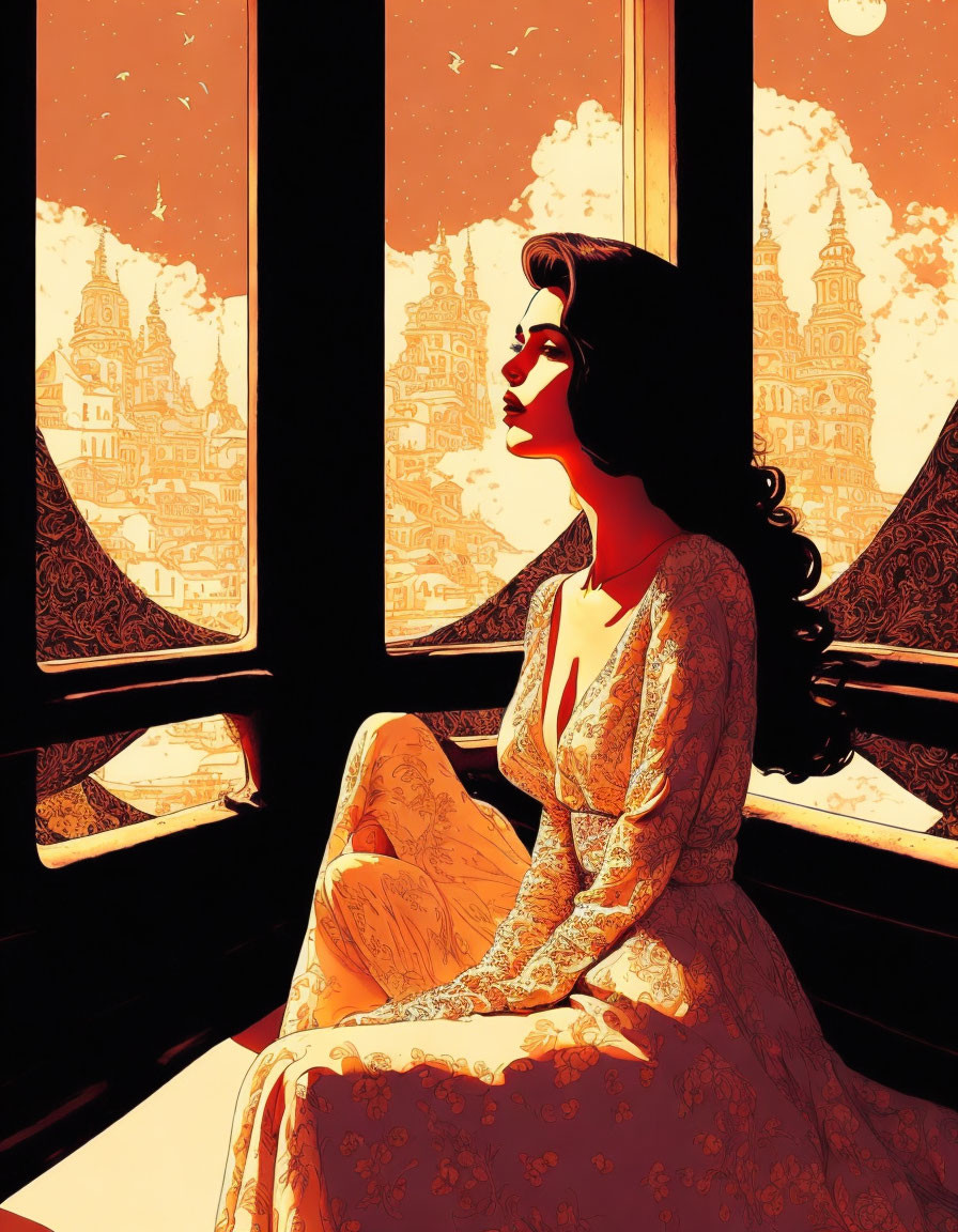 Illustration of woman by window overlooking ornate buildings and amber sky