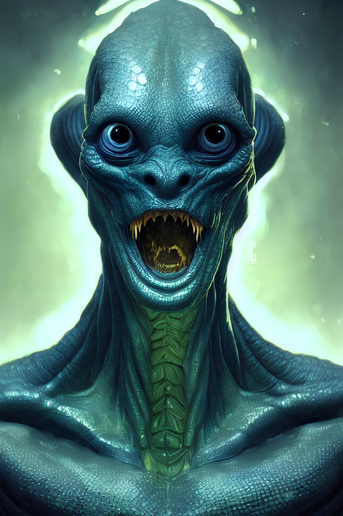 Blue-skinned alien with large eyes on green background