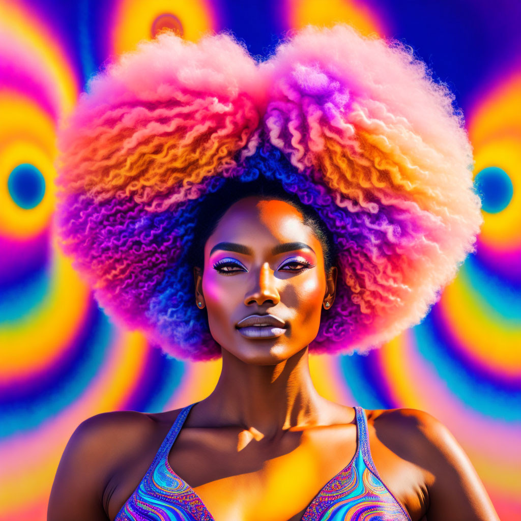 Vibrant multicolored afro on woman against psychedelic background