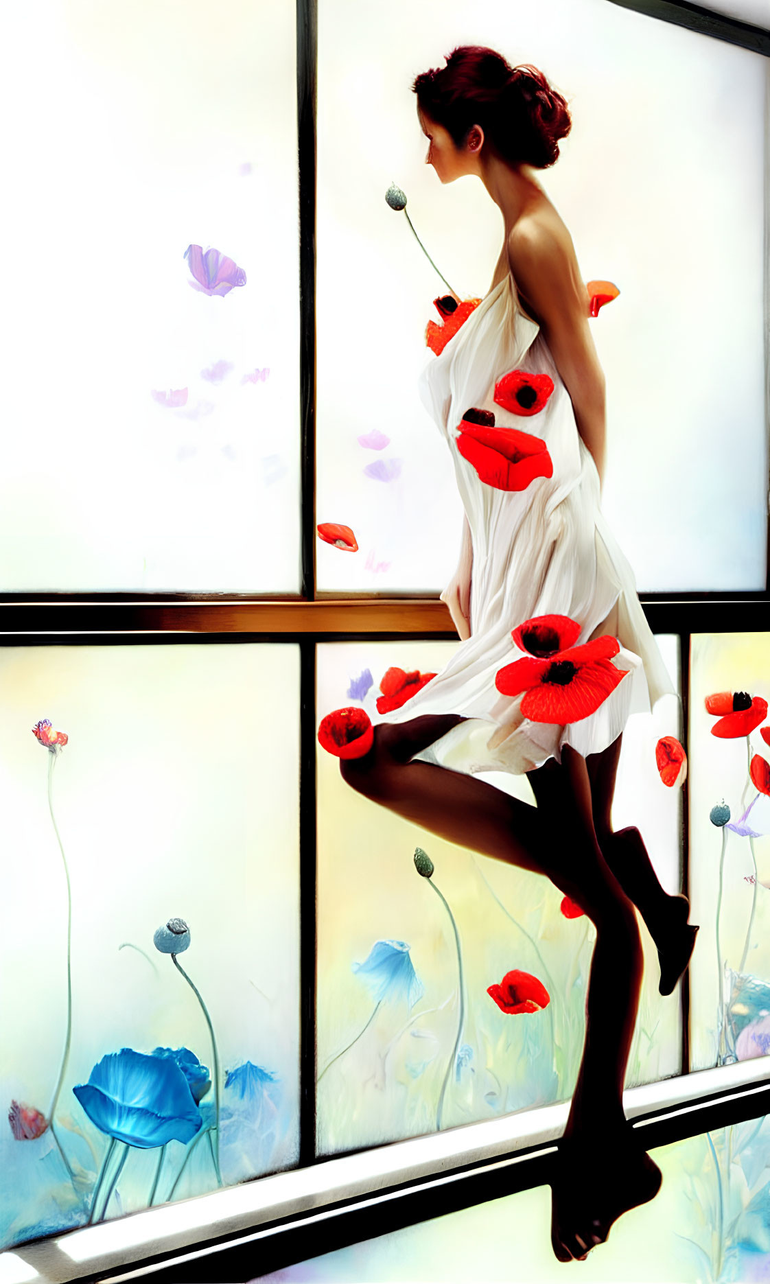 Woman in white dress holding flower by vibrant window display