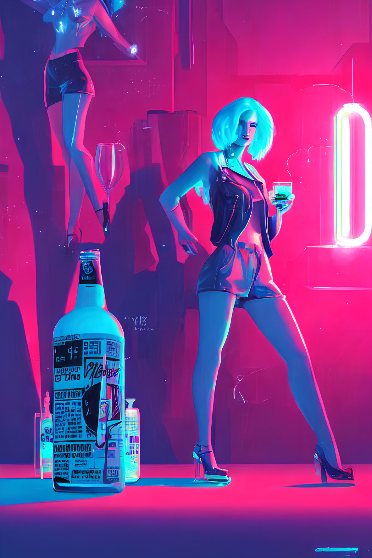 Stylized image of woman with blue hair and cocktail in neon-lit setting