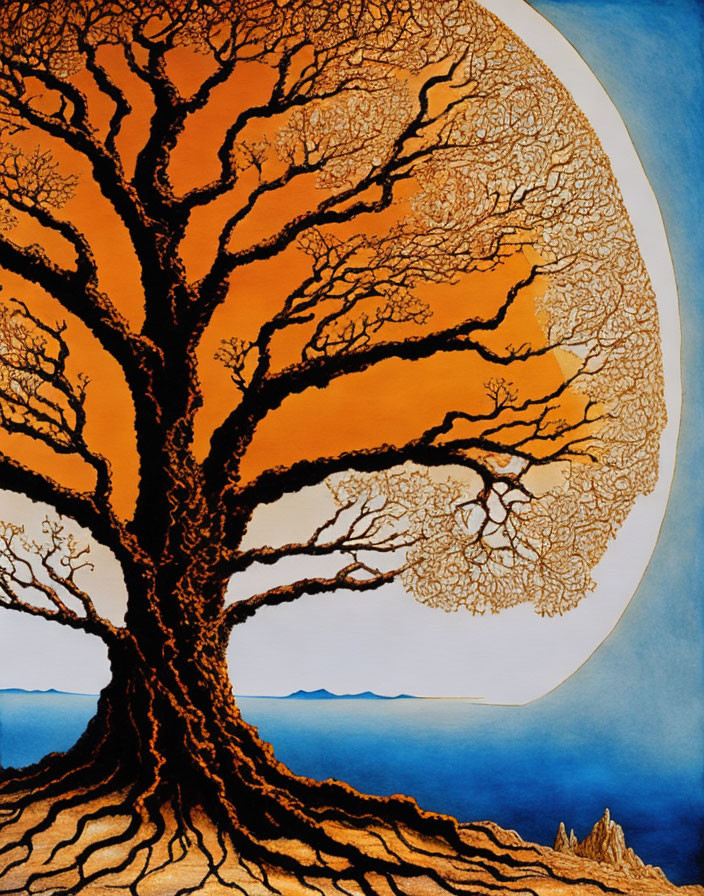 Colorful painting of robust tree with intricate branches against white circle and blue gradient.