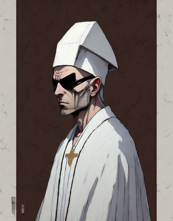 Man in white robe and hat with Christian cross and futuristic black eyepatch.