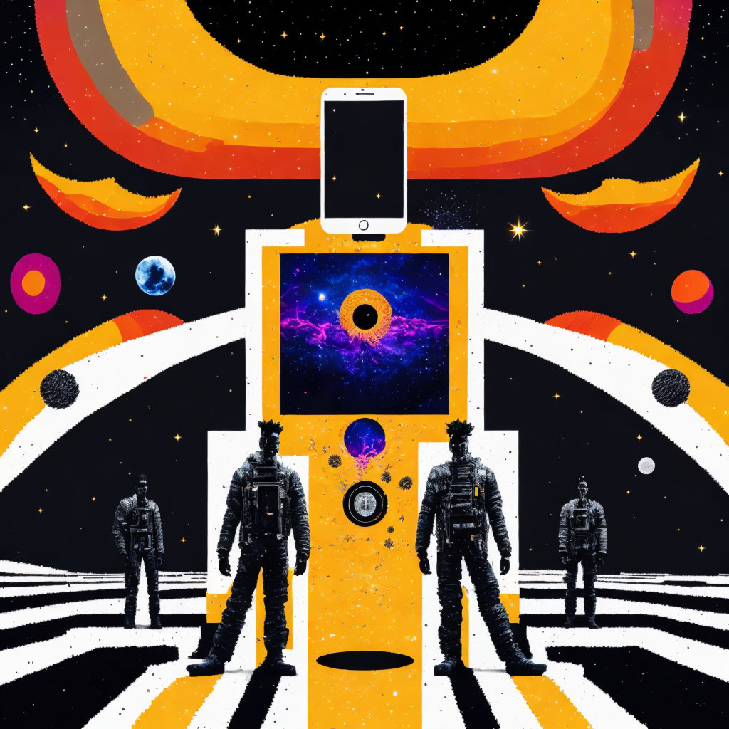 Surreal cosmic illustration with figures, planets, smartphone portal, stars, and vibrant colors