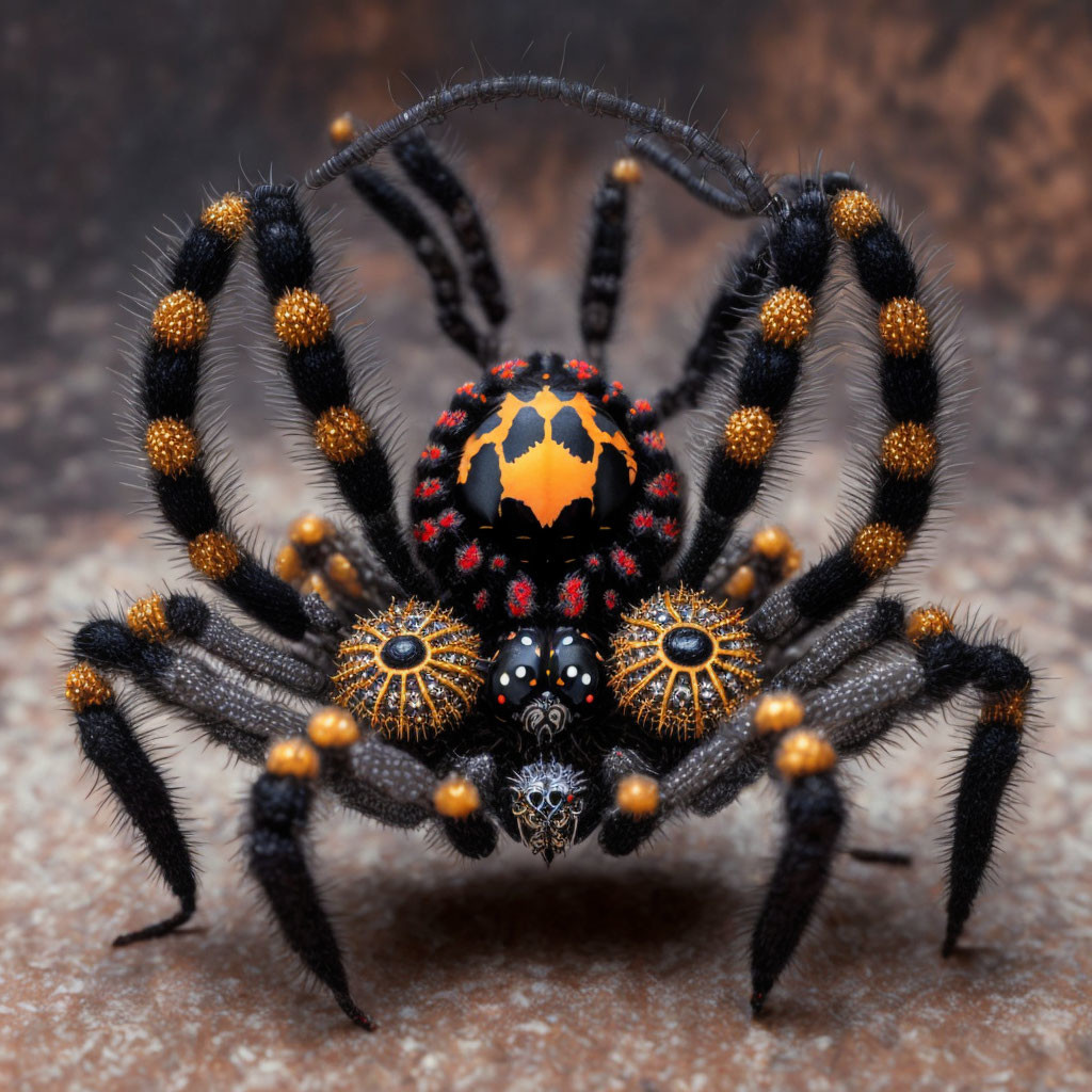 Detailed Macro Shot of Orange and Black Spider with Yellow and Black Banded Legs