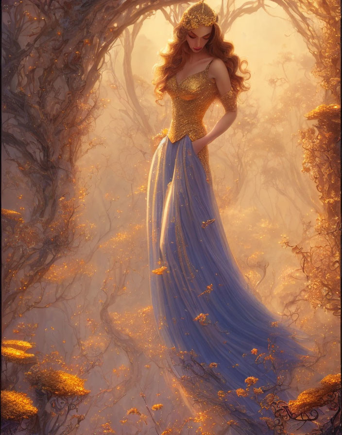 Woman in Sparkling Gold Top in Mystical Forest with Twisting Trees