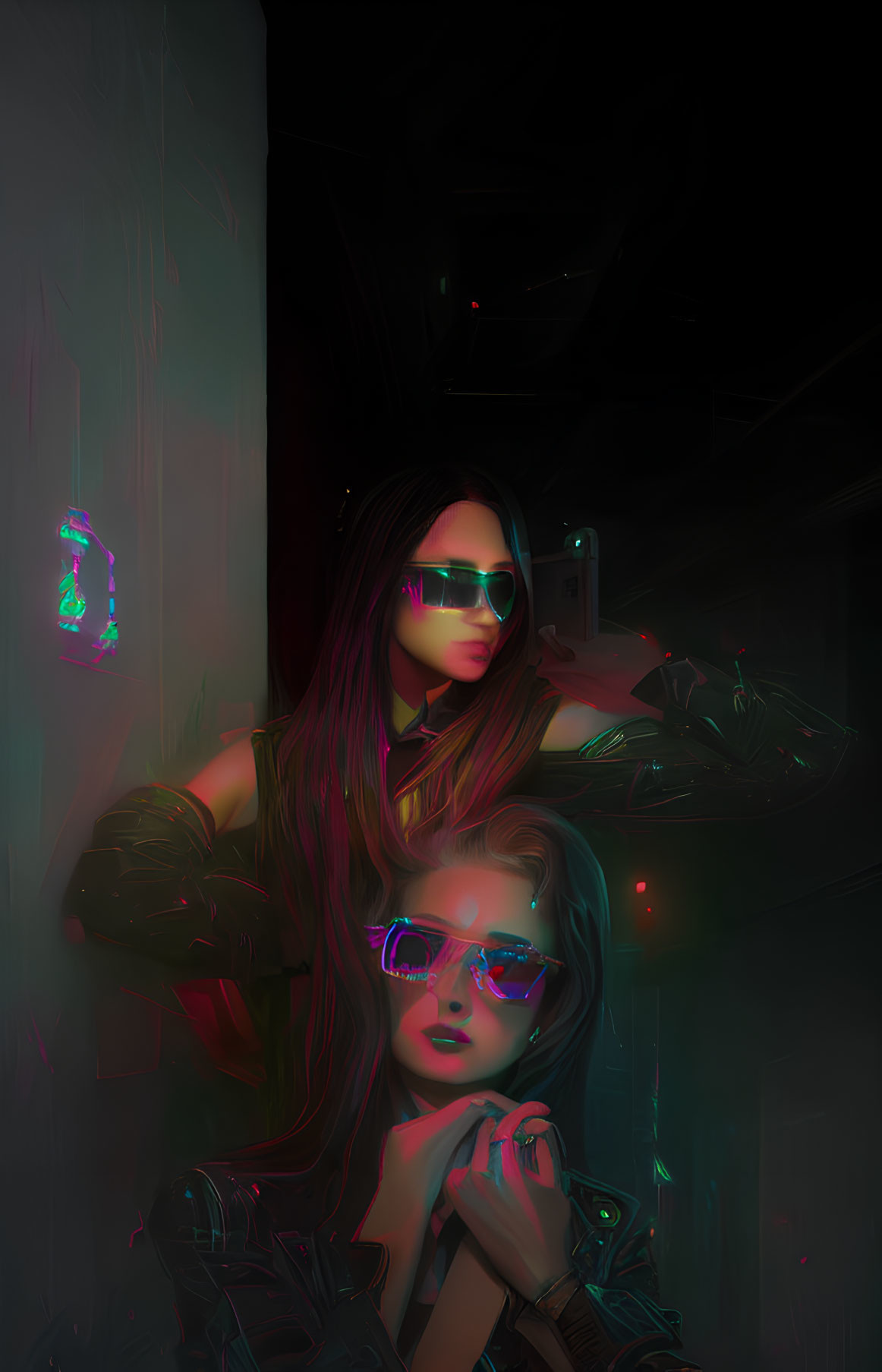 Two fashionable women in dark room with neon lights, one taking selfie and other posing with sunglasses.