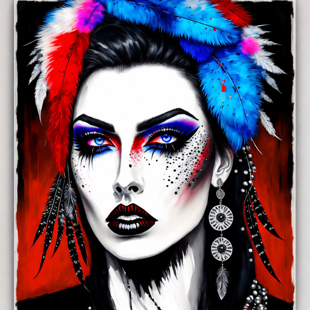 Digital portrait of a woman with blue eyeshadow and feathered headdress on red and black backdrop