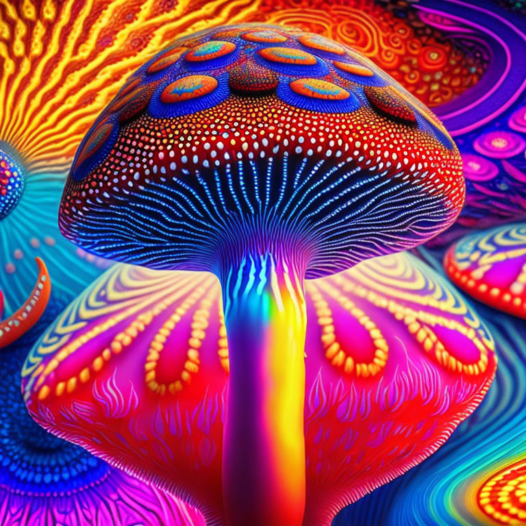 Colorful psychedelic mushroom illustration with swirling fractal background