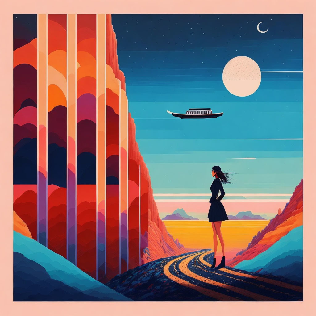 Illustration of woman on winding road with rock formations, crescent moon, and UFO