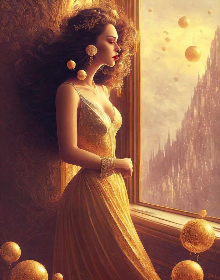 Woman in golden dress gazes out window with floating orbs, evoking fantasy