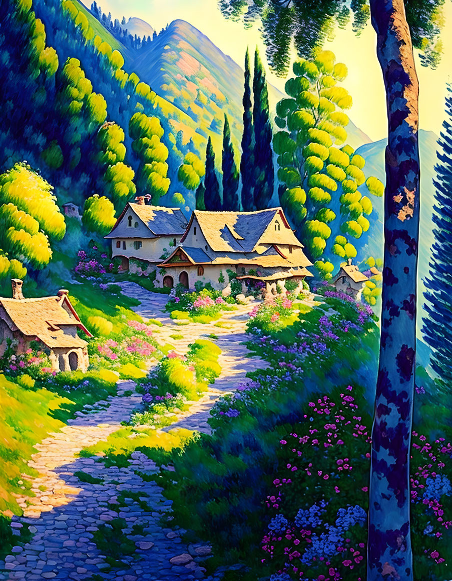 Colorful painting of quaint village in lush valley with cobblestone path and cottages surrounded by nature