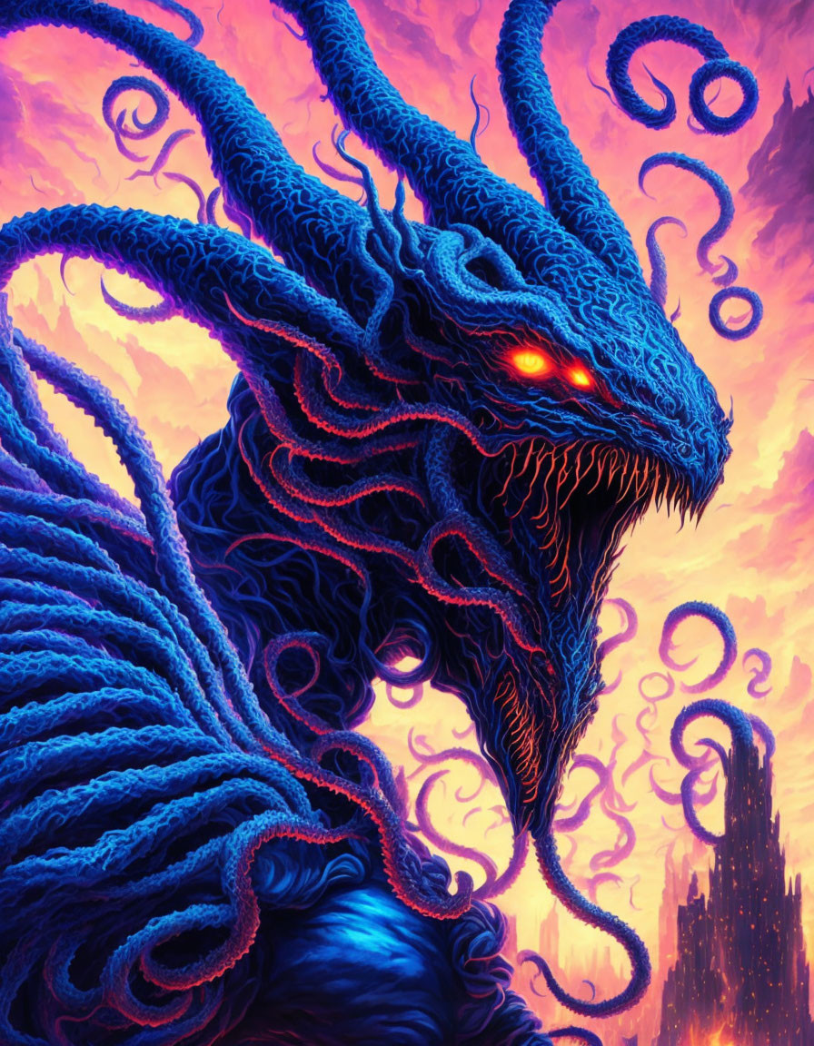 Fantastical creature with blue tentacles and red eyes in pink and purple sky.