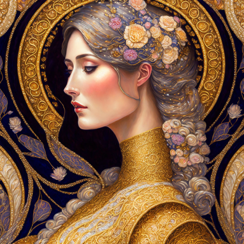 Elaborate Golden Attire Woman Portrait with Floral Motifs