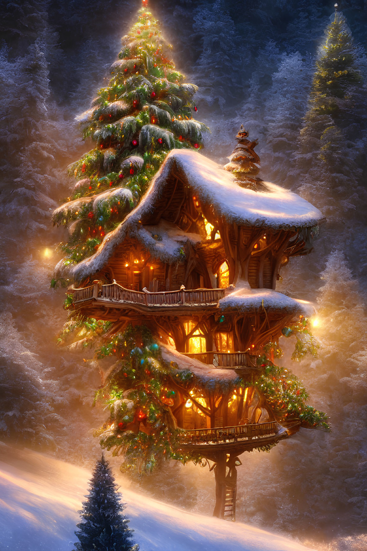 Festive Treehouse with Lights in Snowy Setting