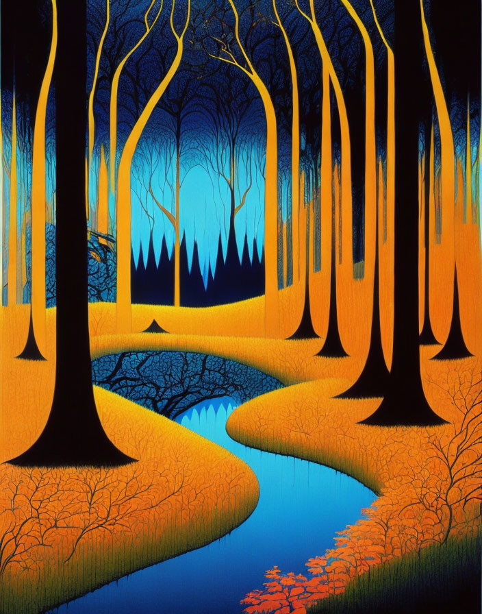 Vibrant forest art: bold black trees, blue river, orange-yellow foliage