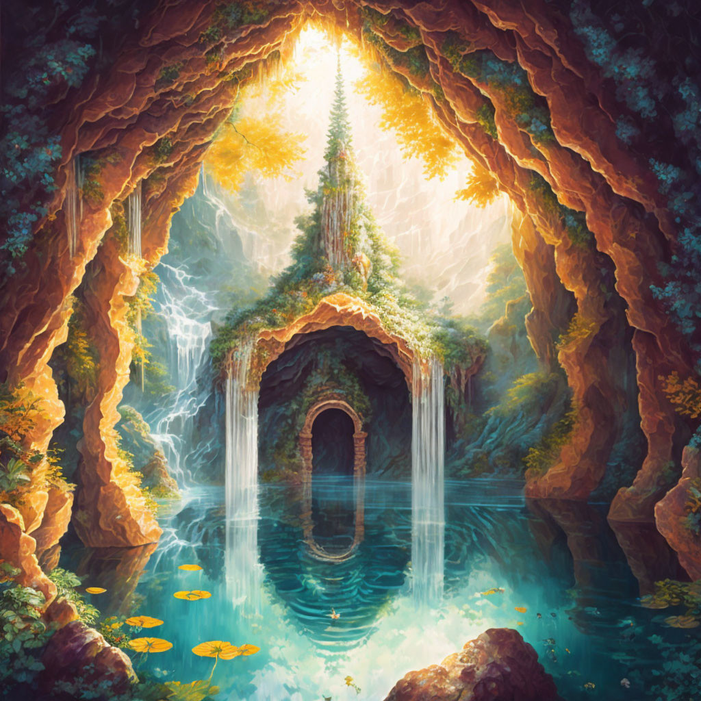 Mystical cave waterfall, luminous tree, rock formation, lush foliage, serene water.