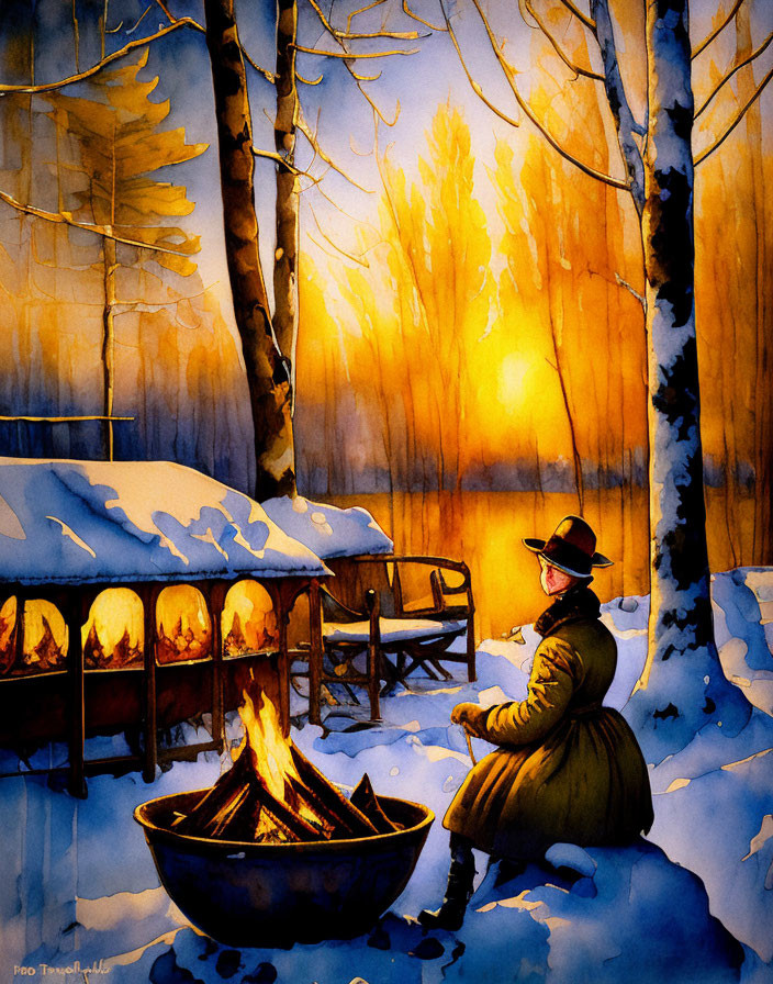 Person sitting by fire in snowy sunset landscape with illuminated trees and beehive stand