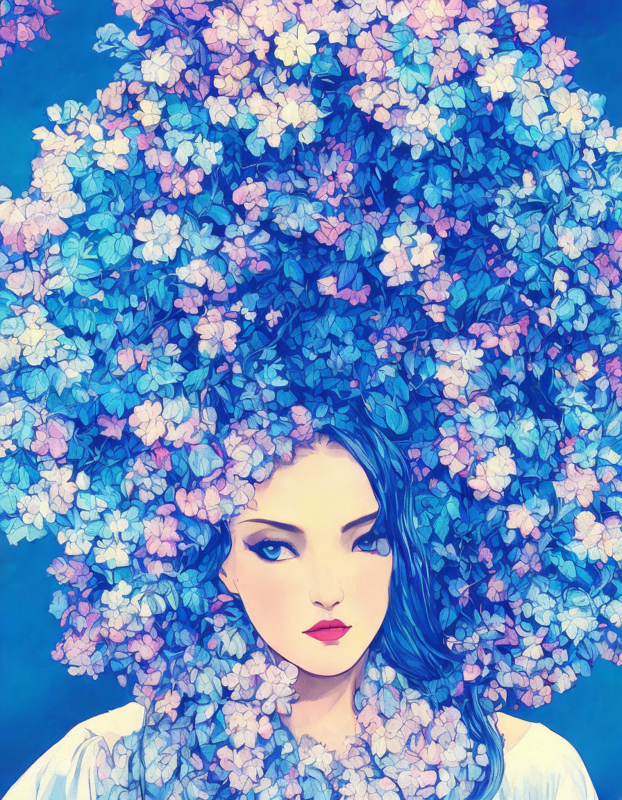 Vibrant blue hair woman surrounded by blue flowers on dark background