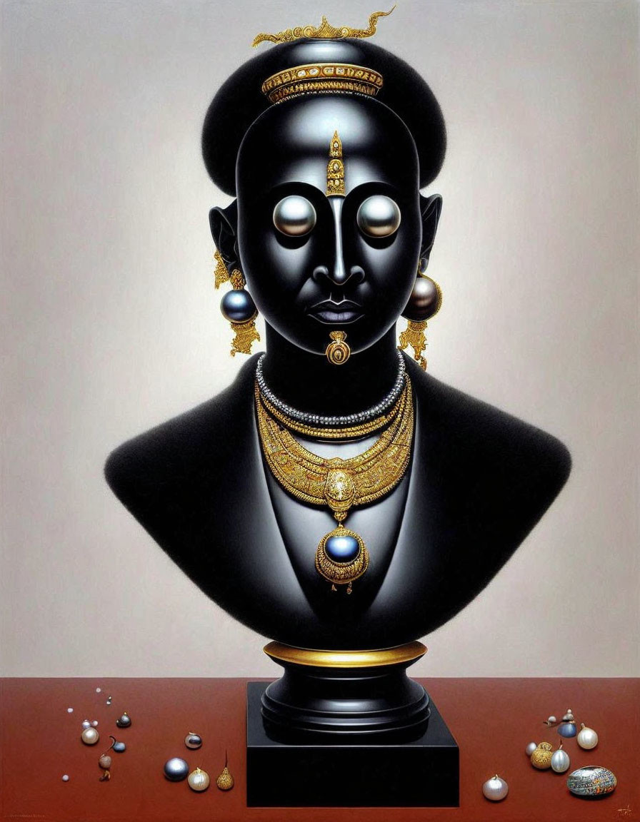 Black bust painting with four serene faces and traditional jewelry on pale background