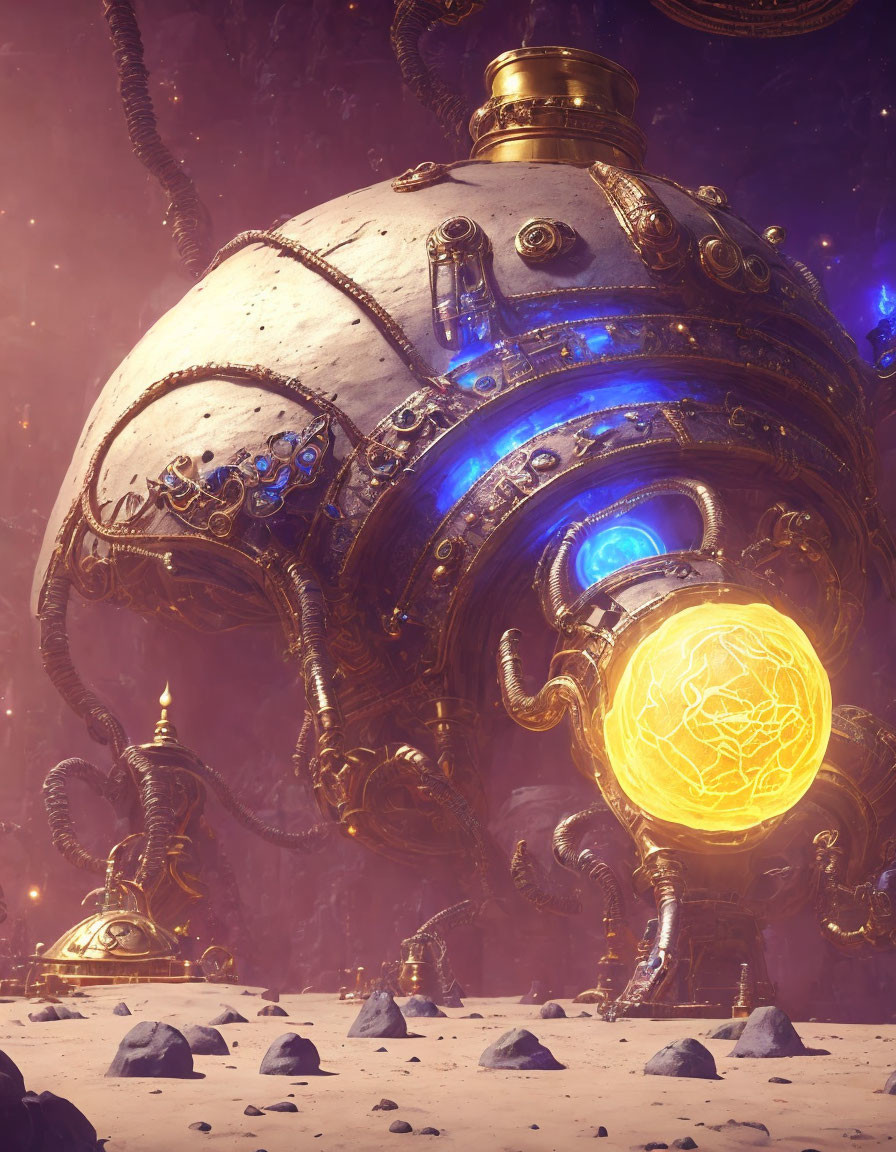 Steampunk-style robot with glowing core in alien landscape