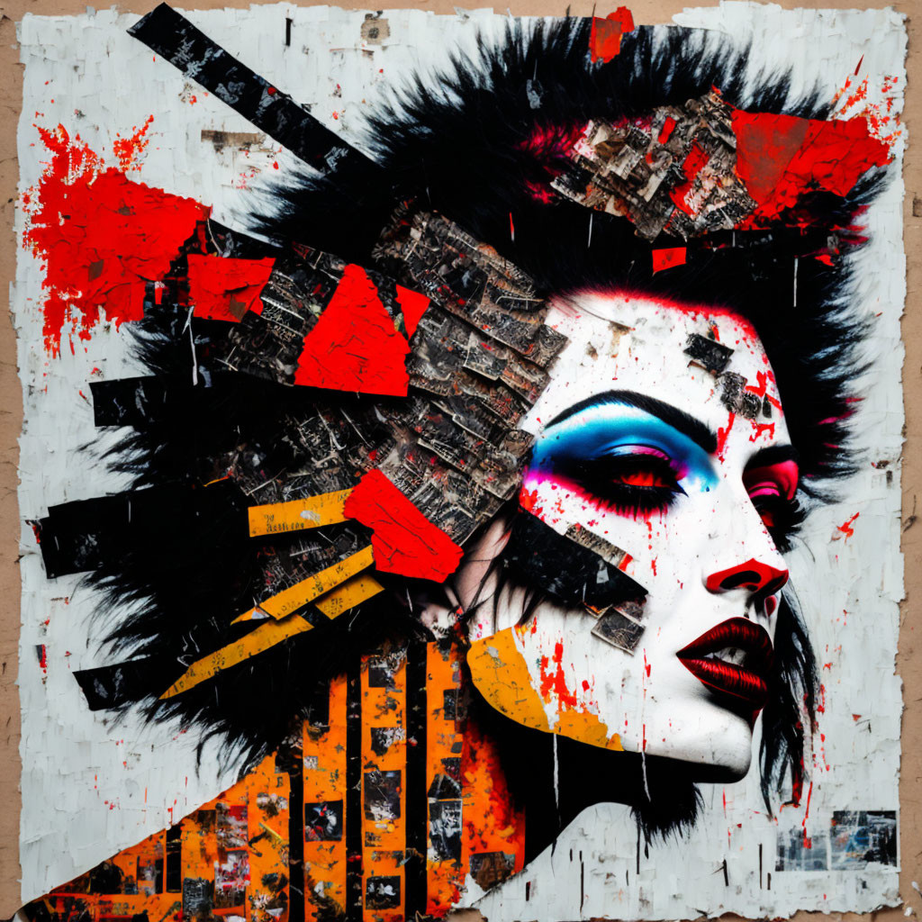 Vibrant portrait of a woman with dramatic makeup and urban-themed collage background