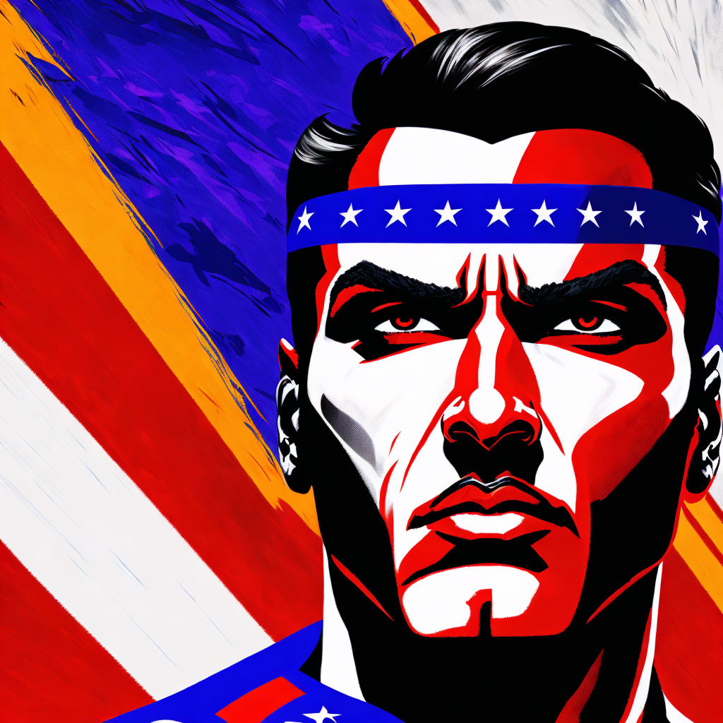 Male superhero with star headband on red, white, and blue backdrop