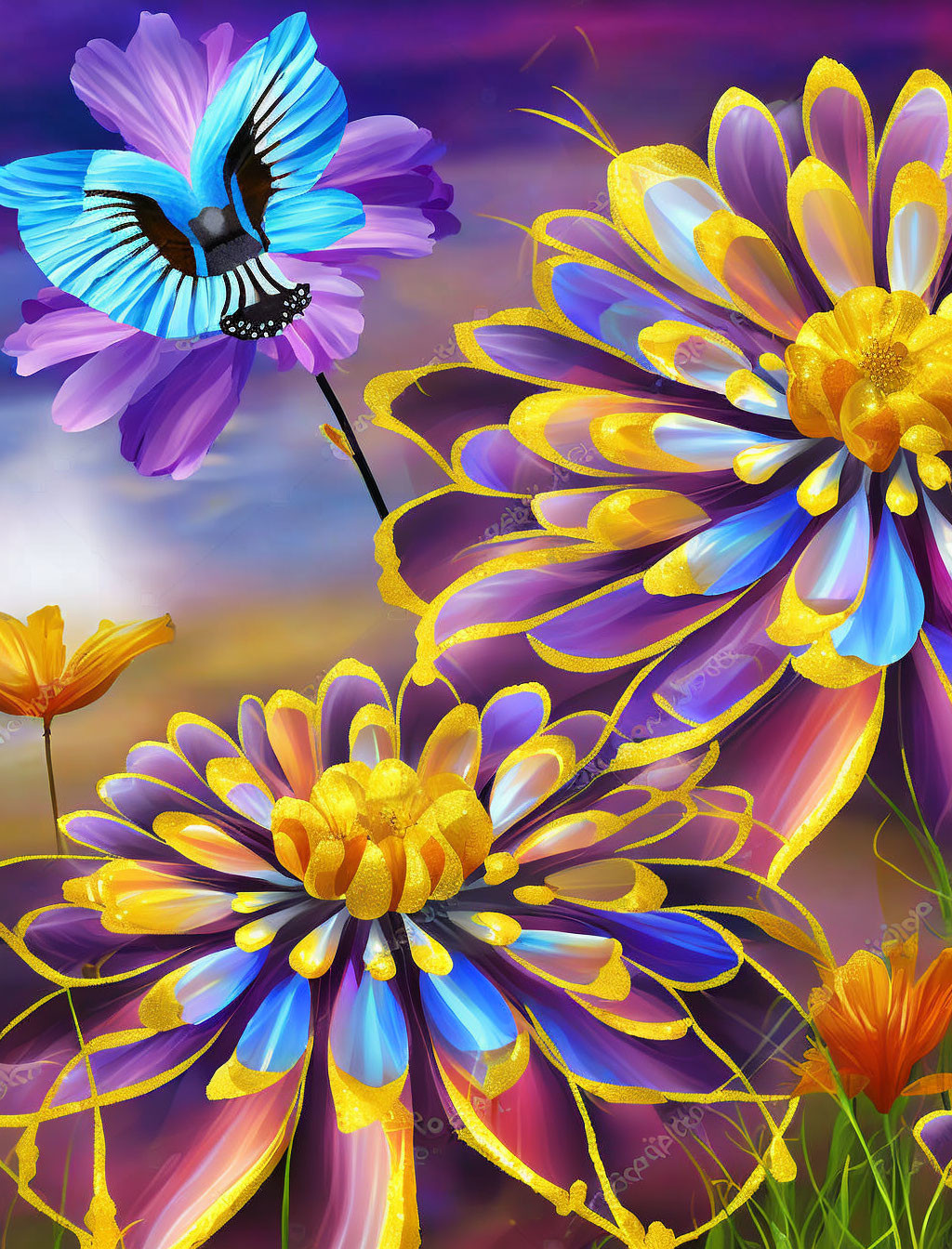 Colorful digital painting: Butterfly and stylized flowers on vibrant background