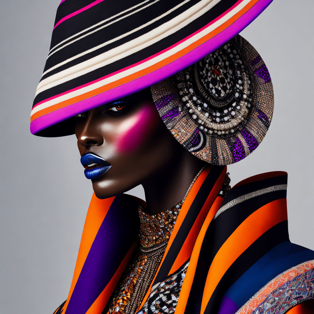 Colorful portrait of model with striking makeup and geometric accessories